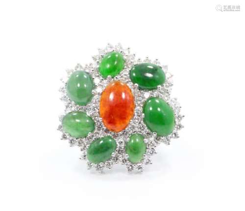 13.28ctw Genuine Green & Red Jade Solid 18K White Gold Peony Ring W/2.00ctw Genuine VS1-VS2/F-G Diamonds *Wealth & Honor*
