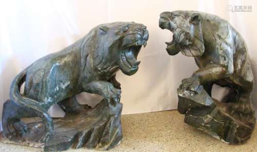 (From Palace) Pair of Antique Hand Carved Solid Chinese Marble Fu Lion Temple Garden Statues