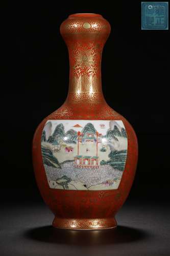 A CORAL-GROUND FAMILLE ROSE GARLIC HEAD VASE 