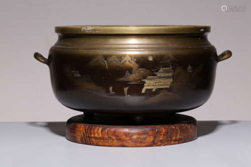 A BRONZE BRAZIER WITH HARDWOOD BASE