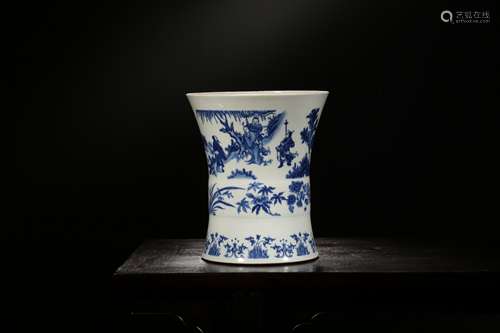 A BLUE AND WHITE LANDSCAPE AND FIGURE BEAKER VASE