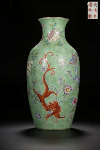 A LIME-GREEN GROUND FAMILLE ROSE DRAGON VASE 