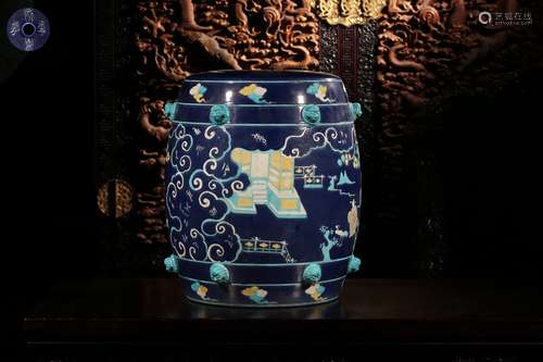 A BLUE-GLAZED SANCAI PORCELAIN DRUM STOOL