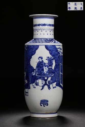 A BLUE AND WHITE ROULEAU VASE