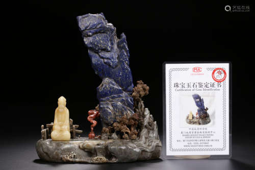 A SHOUSHAN STONE AND LAPIS LAZULI  ORNAMENT WITH CERTIFICATE