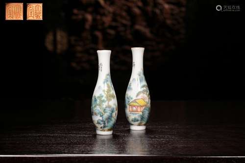 A PAIR OF FAMILLE ROSE LANDSCAPE PORCELAIN VASE