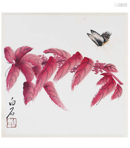 A Painting of Red Leaf and Butterfly