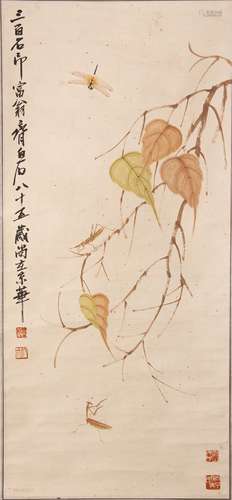 A CHINESE SCROLL PAINTING OF DRAGONFLY AND GRASSHOPPER