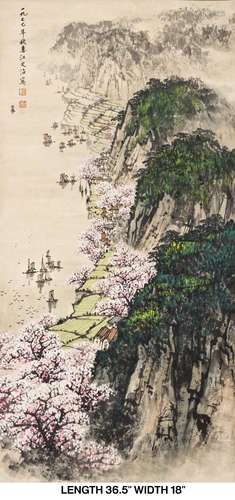 A CHINESE SCROLL PAINTING OF LANDSCAPE