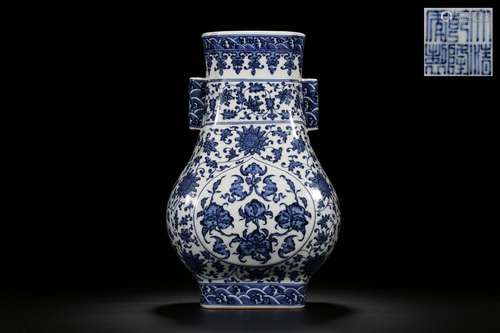 A BLUE AND WHITE LOTUS SCROLLS VASE