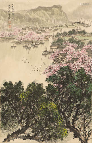 A CHINESE SCROLL PAINTING OF LANDSCAPED