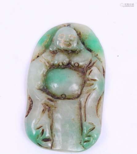 Chinese Hand Carved Bi-Colored Burmese Jade Smiling Buddha Amulet