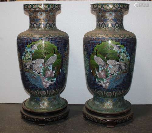 PAIR OF OLD CLOISONNE VASES WITH WOOD BASES