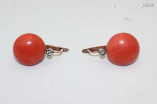 14 K GOLD DIAMOND CORAL EARRINGS