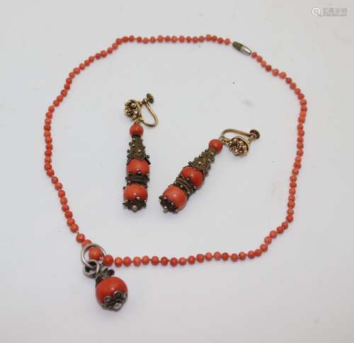 ANTIQUE TIBETAN CORAL NECKLACE PENDANT AND EARRINGS