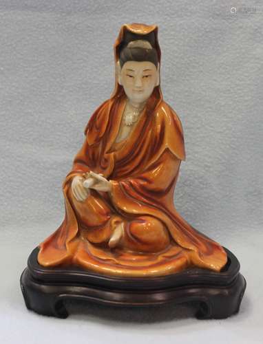 ANTIQUE CORAL RED GLAZE PORCELAIN FIGURE