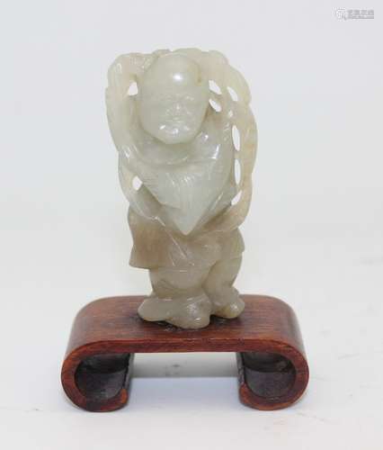 HETIAN JADE FIGURE WITH WOOD BASE