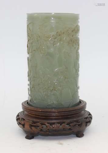 HETIAN JADE BRUSH POT WITH WOOD BASE