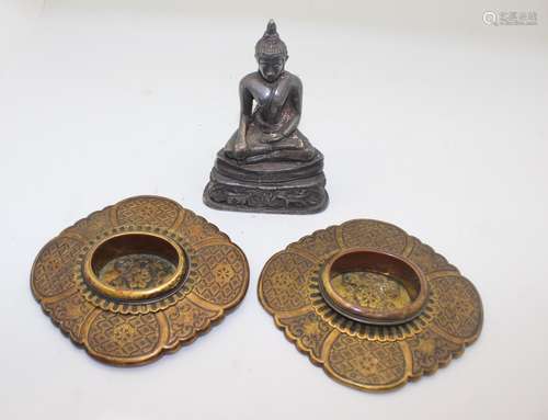 ANTIQUE SILVER BUDDAH AND PAIR OF BRONZE DOOR HANDLES