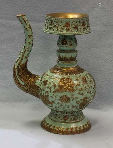 ANTIQUE TURQUOISE BLUE AND GOLD GLAZE PORCELAIN WINEPOT