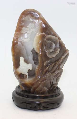 HETIAN JADE MOUNTAIN SCULPTURE WITH WOOD BASE