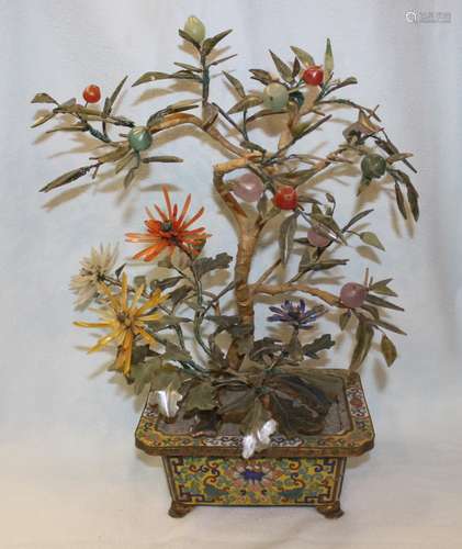 ANTIQUE JADE TREE WITH CLOISONNE POT