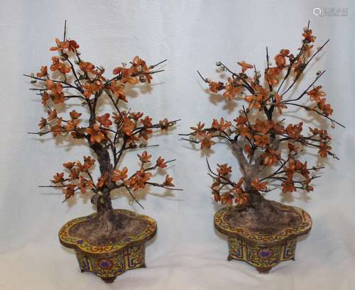 PAIR OF ANTIQUE JADE TREE WITH CLOISONNE POT