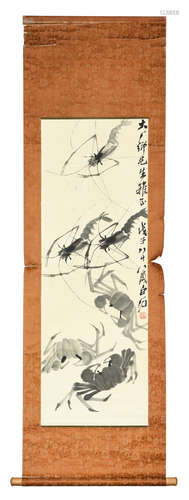 QI BAISHI: INK ON PAPER PAINTING 'SHRIMPS AND CRABS'