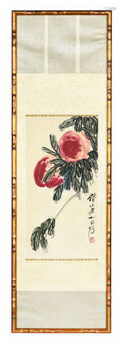 QI BAISHI: FRAMED INK AND COLOR ON PAPER PAINTING 'PEACHES'