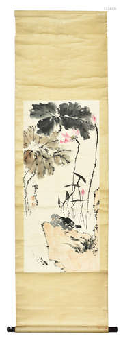 PAN TIANSHOU: INK AND COLOR ON PAPER PAINTING 'LOTUS FLOWERS'