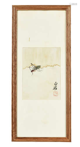 QI BAISHI: FRAMED INK AND COLOR ON PAPER PAINTING 'GRAASSHOPPER'