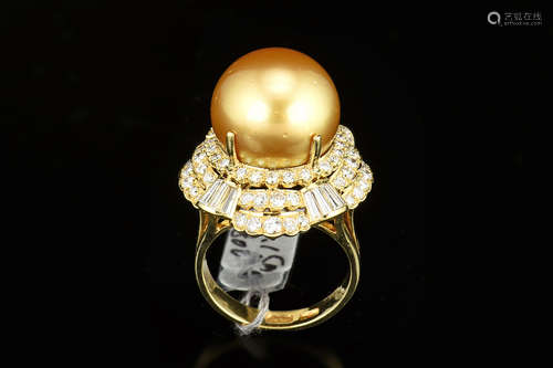 18K YELLOW GOLD GOLDEN PEARL RING WITH DIAMONDS AND GIA CERTIFICATE