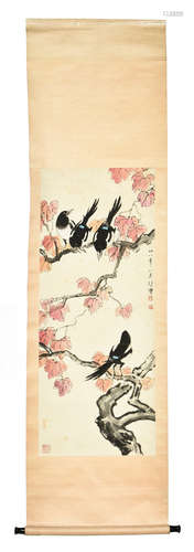 XU BEIHONG: INK AND COLOR ON PAPER PAINTING 'MAGPIE BIRDS'