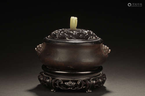 BRONZE CENSER WITH CARVED STAND AND JADE DECORATED LID