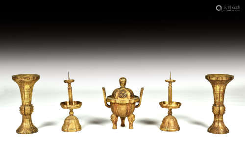 SET OF FIVE GILT BRONZE RITUAL GARNITURES