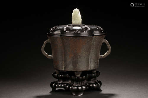 BRONZE CAST LOBED CENSER WITH JADE INSET COVER AND STAND