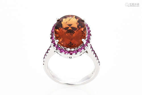 18K WHITE GOLD 8.57 CT TOPAZ AND PINK TOURMALINE RING