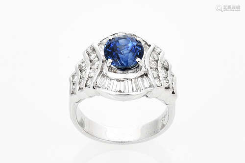 18K WHITE GOLD 2.65 CT BLUE SAPPIRE AND DIAMOND RING