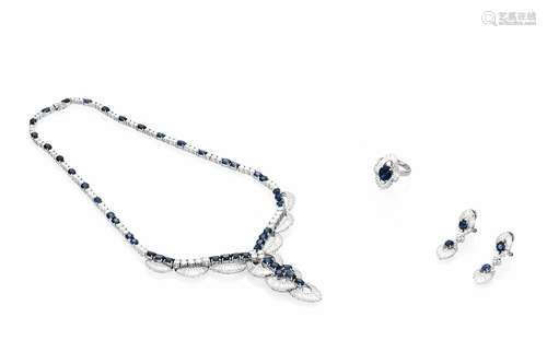 CHOW TAI FOOK 18K WHITE GOLD SAPPHIRE AND DIAMOND JEWELRY SET