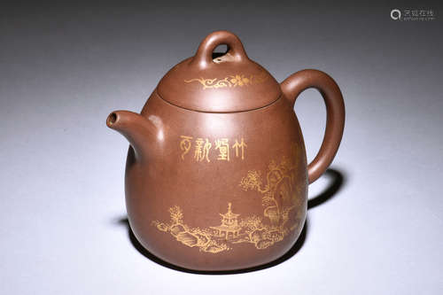 ZHEN XIANG: YIXING ZISHA GILT 'LANDSCAPE' TEAPOT