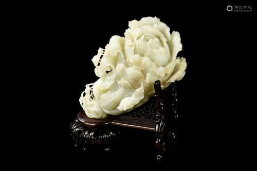 RARE HETIAN WHITE JADE CARVED CABBAGE WITH STAND