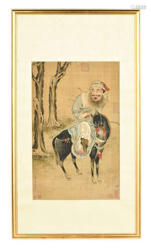 QIAN WEICHENG: FRAMED INK AND COLOR ON SILK PAINTING 'HORSE RIDER'