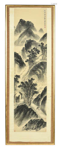 PAN ENMU: FRAMED INK AND COLOR ON PAPER PAINTING 'LANDSCAPE SCENERY'