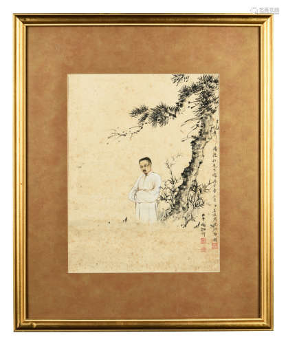 ZHANG DAQIAN: FRAMED INK AND COLOR ON PAPER PAINTING 'PORTRAIT'
