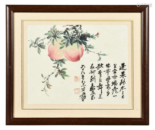 ZHANG DAQIAN: FRAMED INK AND COLOR ON PAPER PAINTING 'PEACHES'