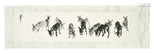 HUANG ZHOU: INK ON PAPER PAINTING 'DONKEYS'