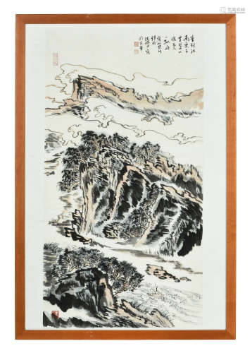 LU YANSHAO: FRAMED INK AND COLOR ON PAPER PAINTING 'LANDSCAPE SCENERY'