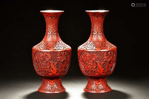 PAIR OF CINNABAR LACQUER CARVED 'FLOWERS' VASES