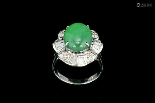 18K WHITE GOLD JADE RING WITH DIAMONDS WITH AIGL CERTIFICATE