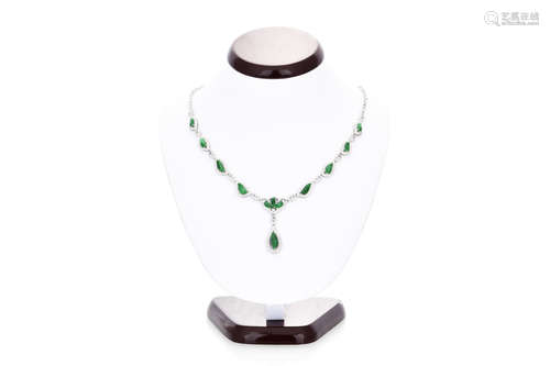 18K WHITE GOLD JADEITE AND DIAMONDS NECKLACE WITH GIA CERTIFICATE